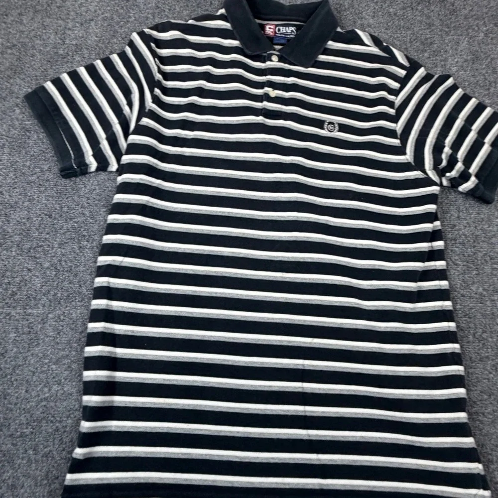 Chaps Ralph Lauren Mens Size L Large Black White Striped Cotton Pique Polo Shirt